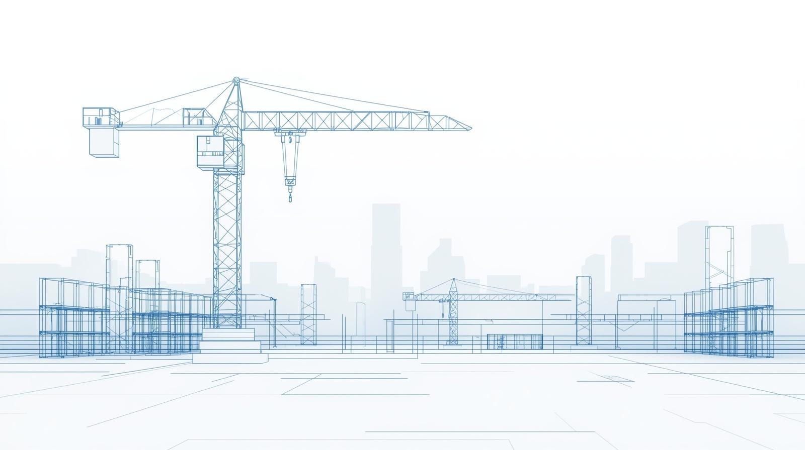 Image graphique style ébauche de dessin représentant un chantier de construction d'un bâtiment en lignes bleus sur fond blanc. On y distingue une grue au 1er plan et une seconde en arrère-plan.